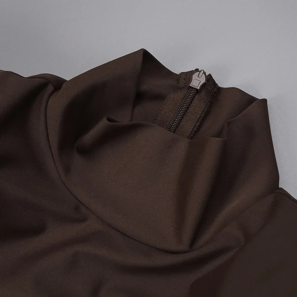 Conowingo Luxury Dark Brown High-Neck Padded Shoulder with Cutout Maxi Dress