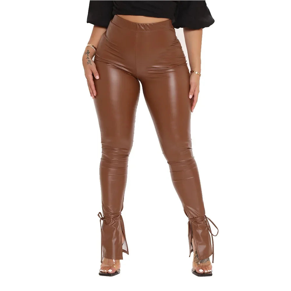 Union Tight High Elastic Bell Bottoms Casual Side Split Women's Pu Leather Pants