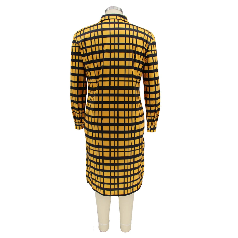 Kentucky Buttons Casual Long Sleeve Loose Office Lady Plaid Midi Dress