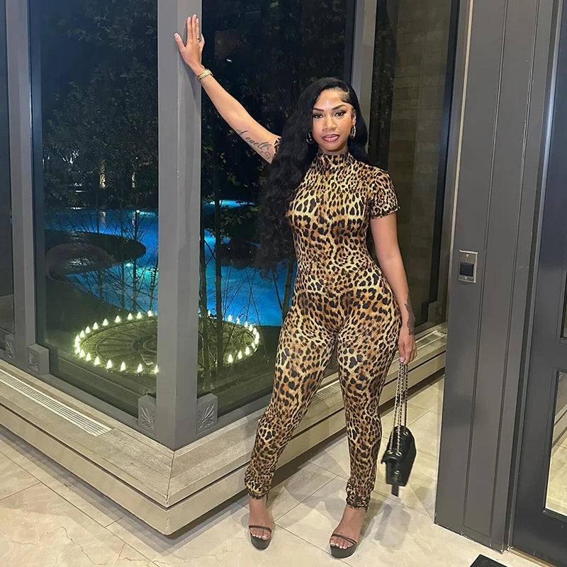 New Haven Tight Sleeve Fashion Leopard Print Backless Jumpsuits
