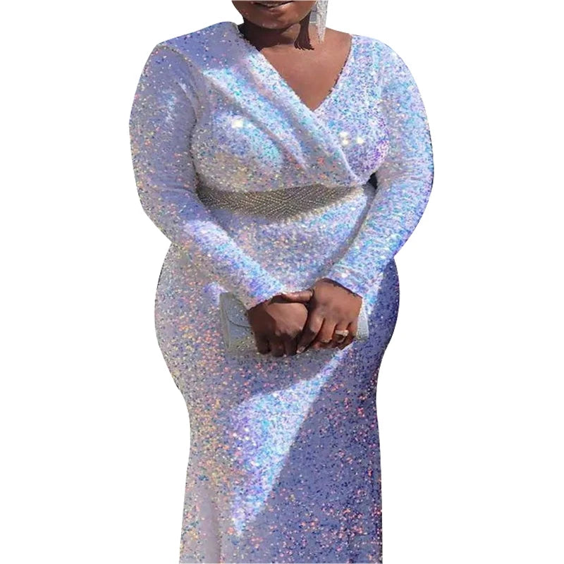 Barahona Plus Size White Sequin Long Elegant Wedding Dinner Formal Dress