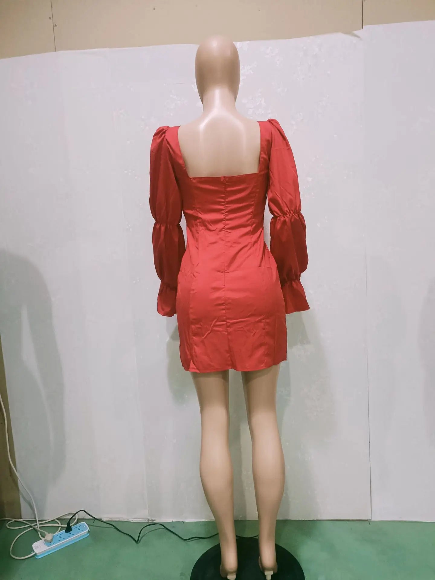 Bayonne Solid Full Puff Sleeve Square Collar Bandage Stretchy Bodycon Dresses