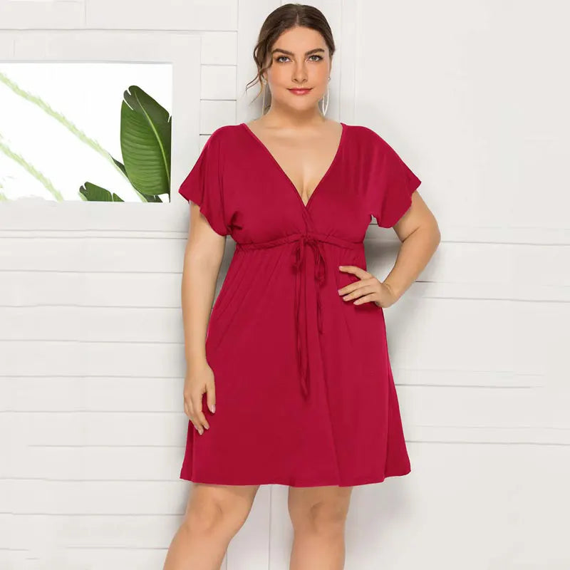 PLUS SIZE V Neck Sleeve Elastic Waist Frenulum Casual Loose Mini Dress