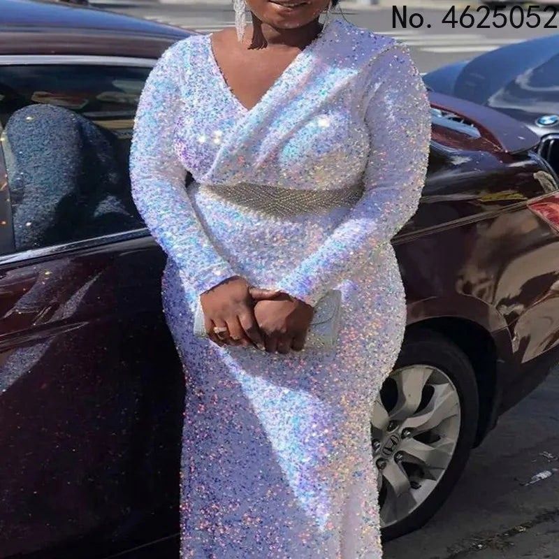 Barahona Plus Size White Sequin Long Elegant Wedding Dinner Formal Dress