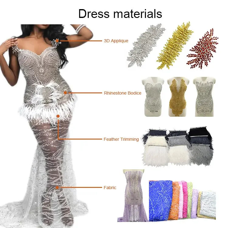 Romney High Quality Long Lace Rhinestone Fabric With Silver Nude Mesh Crystal Dress