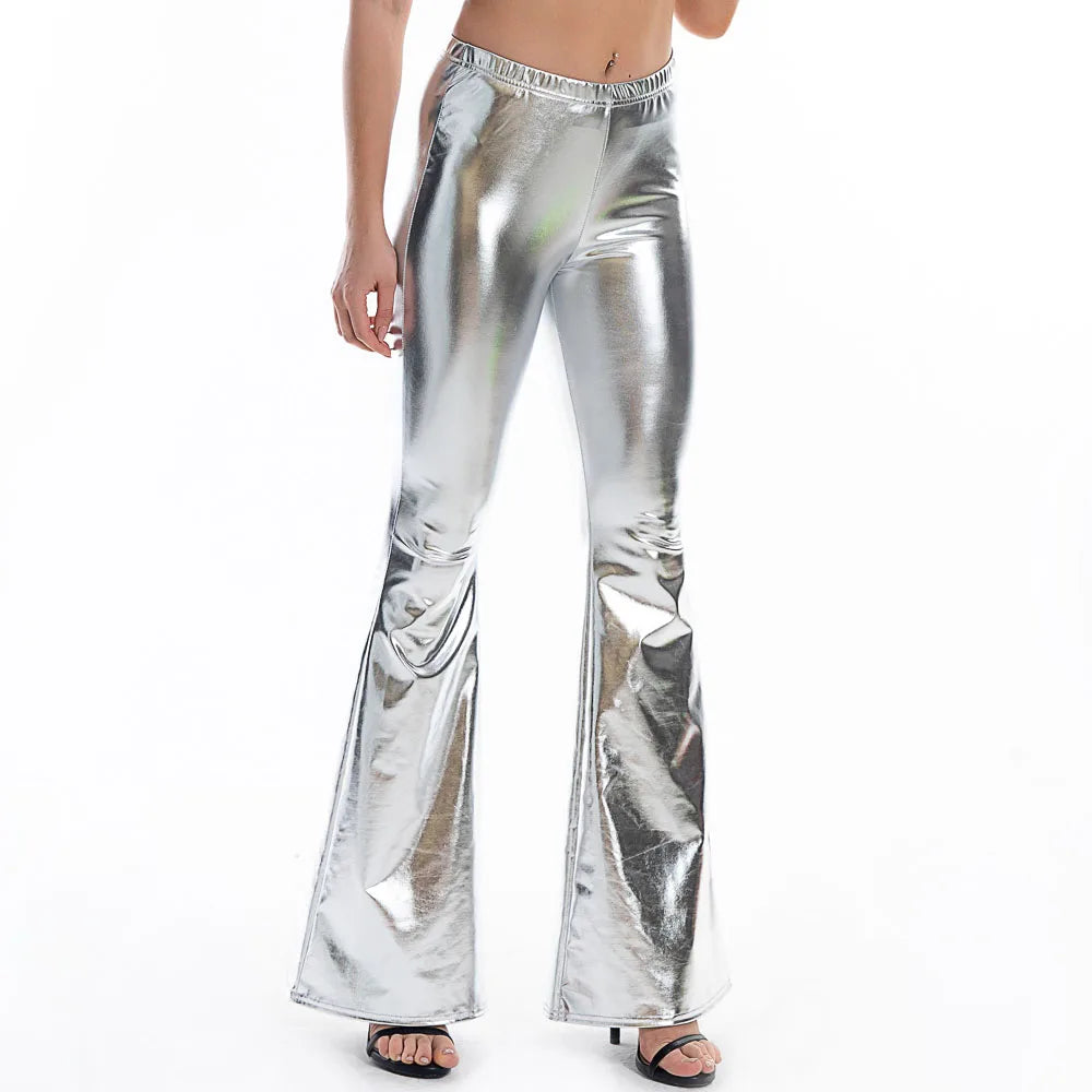Aruba Sexy PU Leather Metallic Shiny Holographic Flare Pants