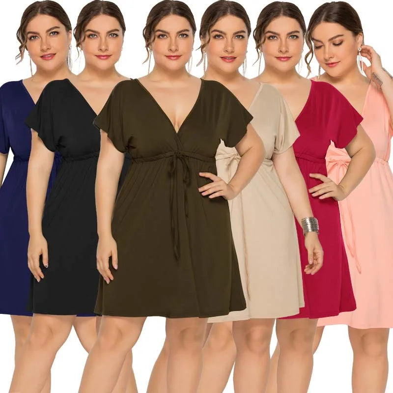 PLUS SIZE V Neck Sleeve Elastic Waist Frenulum Casual Loose Mini Dress