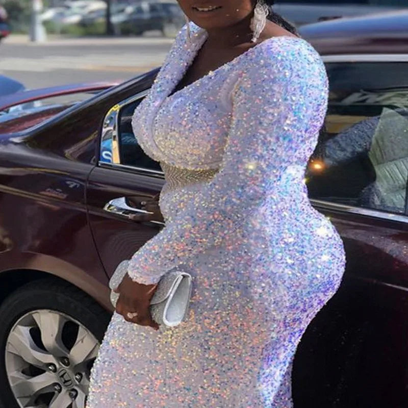Barahona Plus Size White Sequin Long Elegant Wedding Dinner Formal Dress