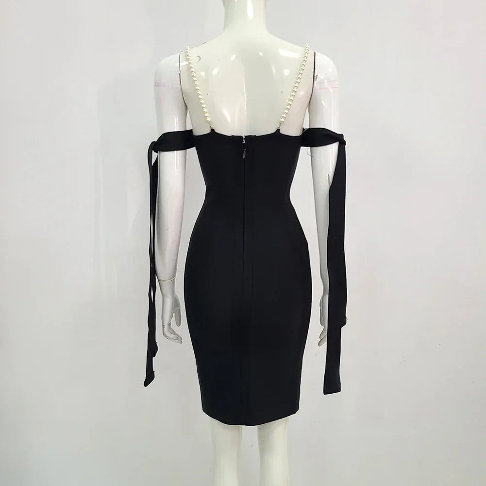 Cranford Backless Pearl Diamonds Crystal Black Mini Bodycon Bandage Dress