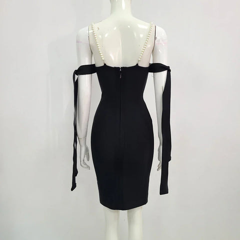Cranford Backless Pearl Diamonds Crystal Black Mini Bodycon Bandage Dress