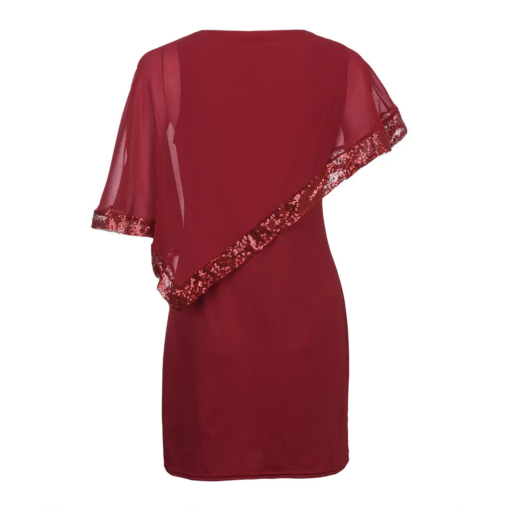 Carolina Plus Size Sexy Cold Shoulder Overlay Asymmetric Chiffon Strapless Sequins Dress