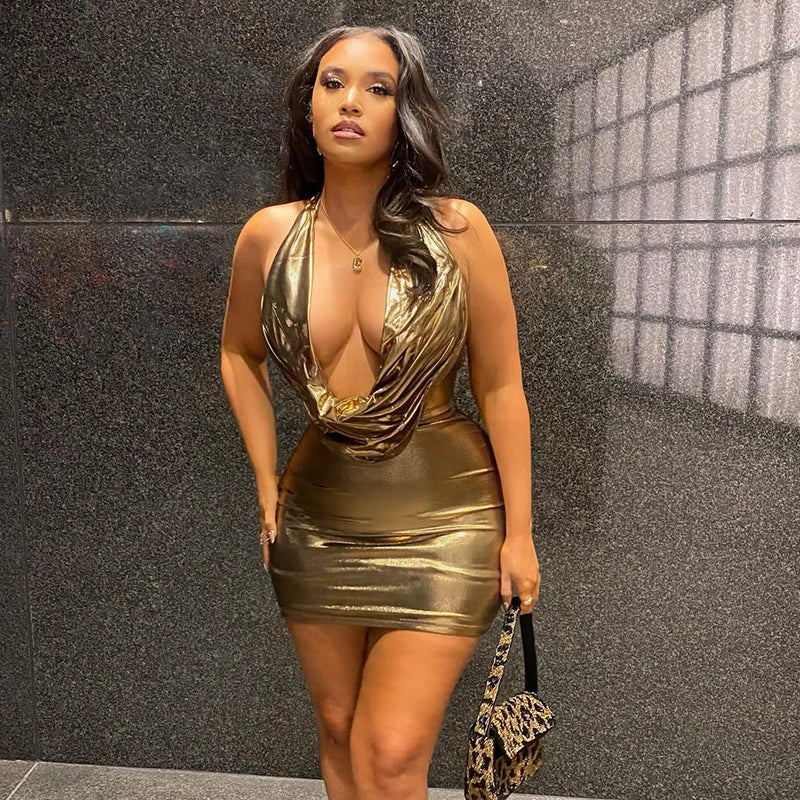 West Point Metallic Slip Halter Neck Backless Bodycon Mini Dress