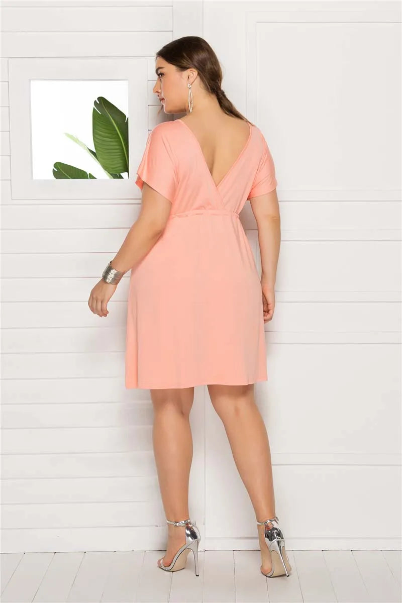 PLUS SIZE V Neck Sleeve Elastic Waist Frenulum Casual Loose Mini Dress