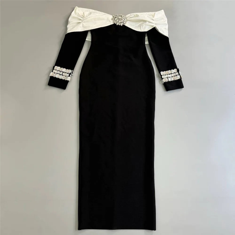 Wharton Sexy Off the Shoulder Bandage Beading Diamond Evening Elegant Dress