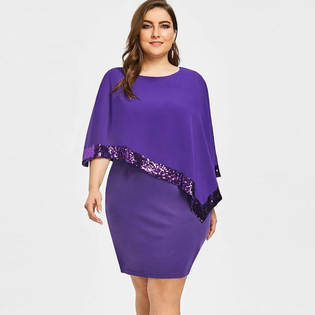 Carolina Plus Size Sexy Cold Shoulder Overlay Asymmetric Chiffon Strapless Sequins Dress