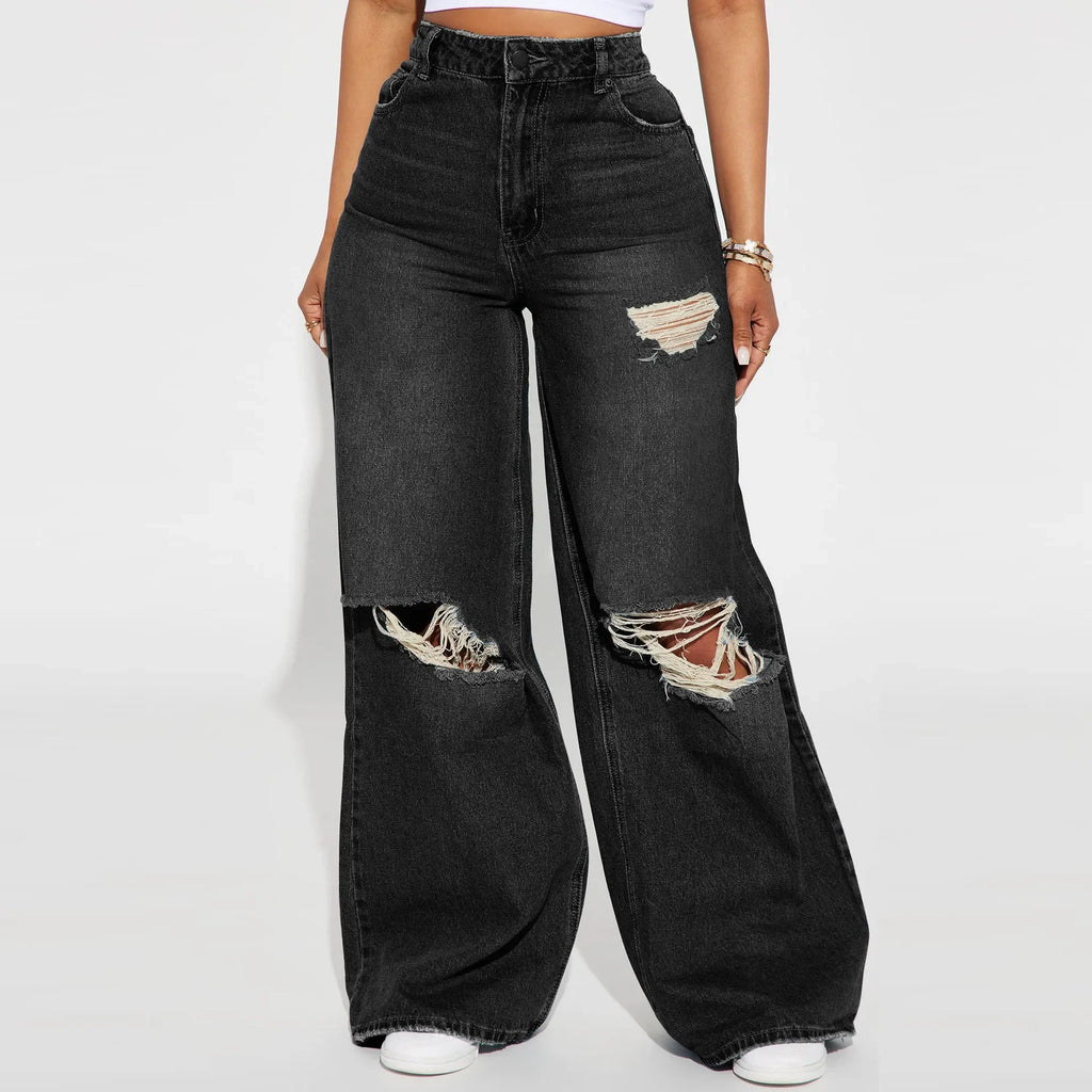 Phoenixville High-Waisted Wide-Leg Ripped Fabric Dark Wash Casual Jeans Denim