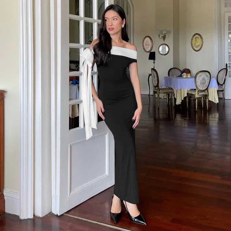 Rockaway Minimalism Color blocking Ribbon Bow Off Shoulder Fitted Floor Length Dress