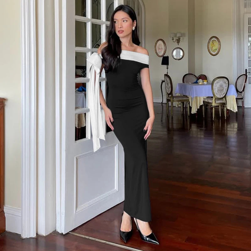 Rockaway Minimalism Color blocking Ribbon Bow Off Shoulder Fitted Floor Length Dress