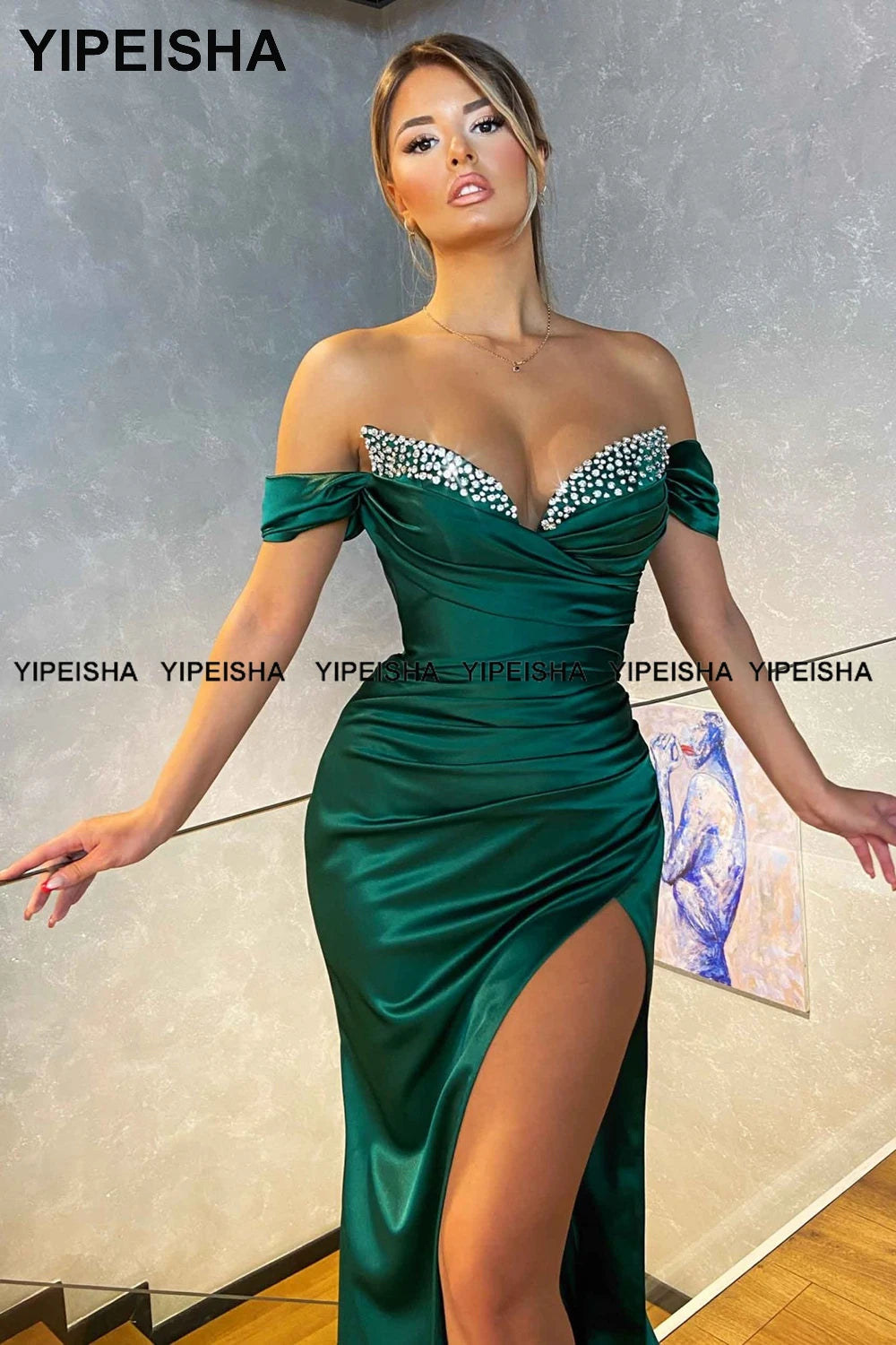Nanticoke Emerald Green Evening Off Shoulder Satin Side Split Mermaid Party Dress