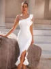 Old Forge One Shoulder Casual Elegant White Midi Dress