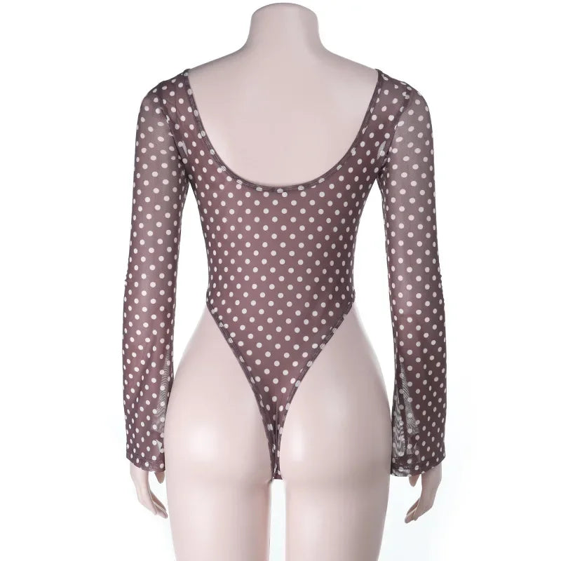 Aqueboque See Through Mesh Long Sleeve Dot Printed Casual Tight Top