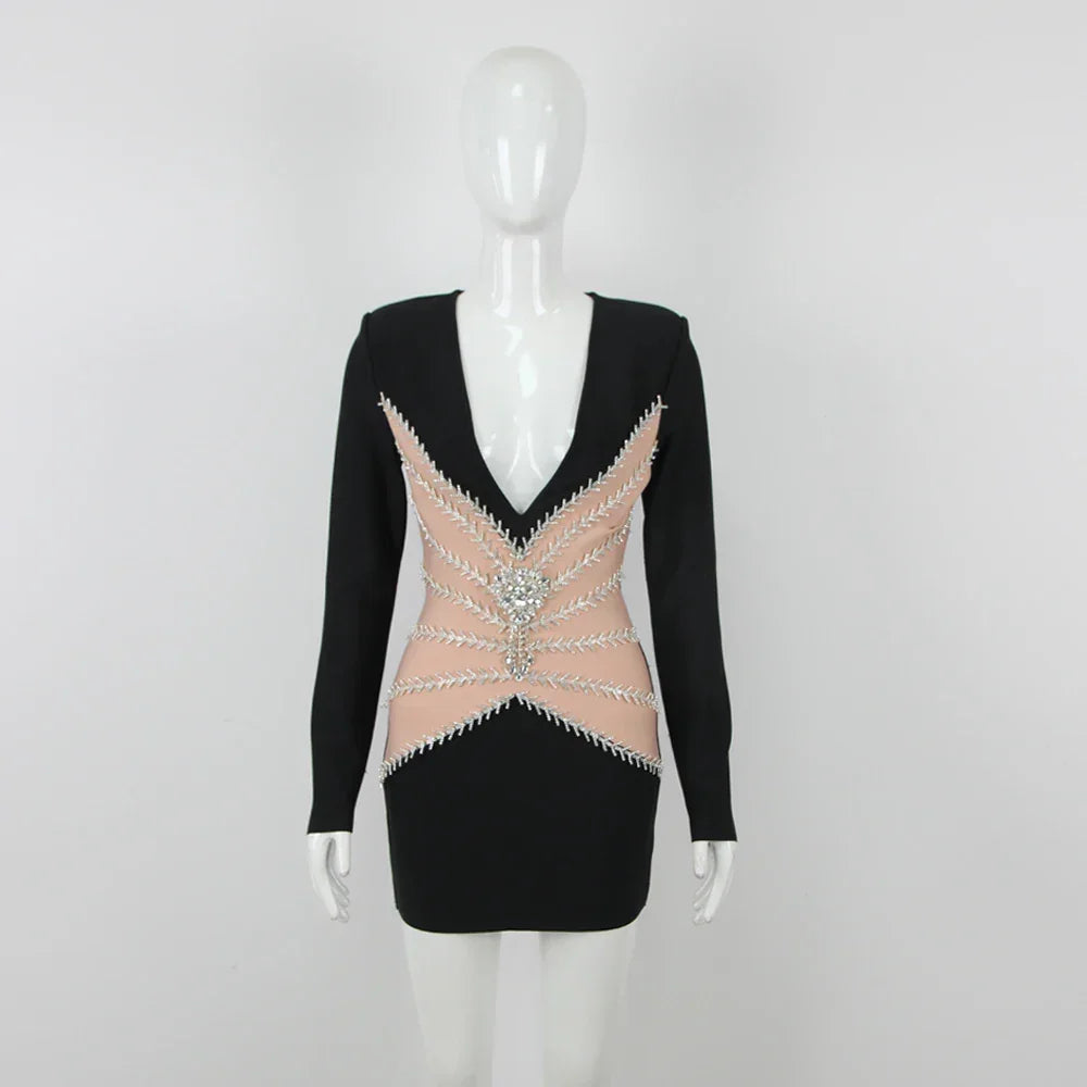 Cedar Knolls Elegant Black Bodycon Long Sleeve Bandage Patchwork Deep V-Neck Dress