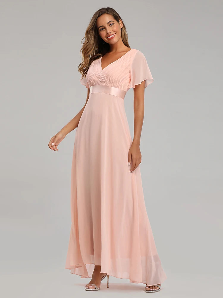 Kerney Elegant V Neck Ruffles Chiffon Formal Evening Gown Dress