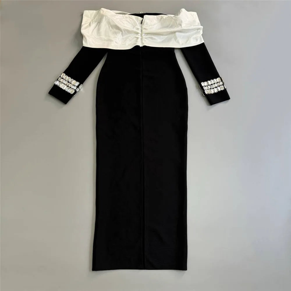 Wharton Sexy Off the Shoulder Bandage Beading Diamond Evening Elegant Dress