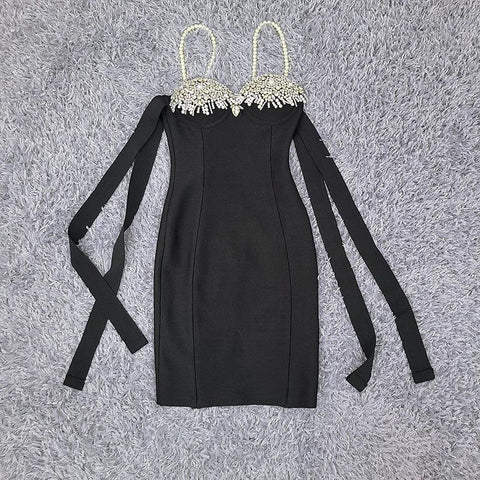 Cranford Backless Pearl Diamonds Crystal Black Mini Bodycon Bandage Dress