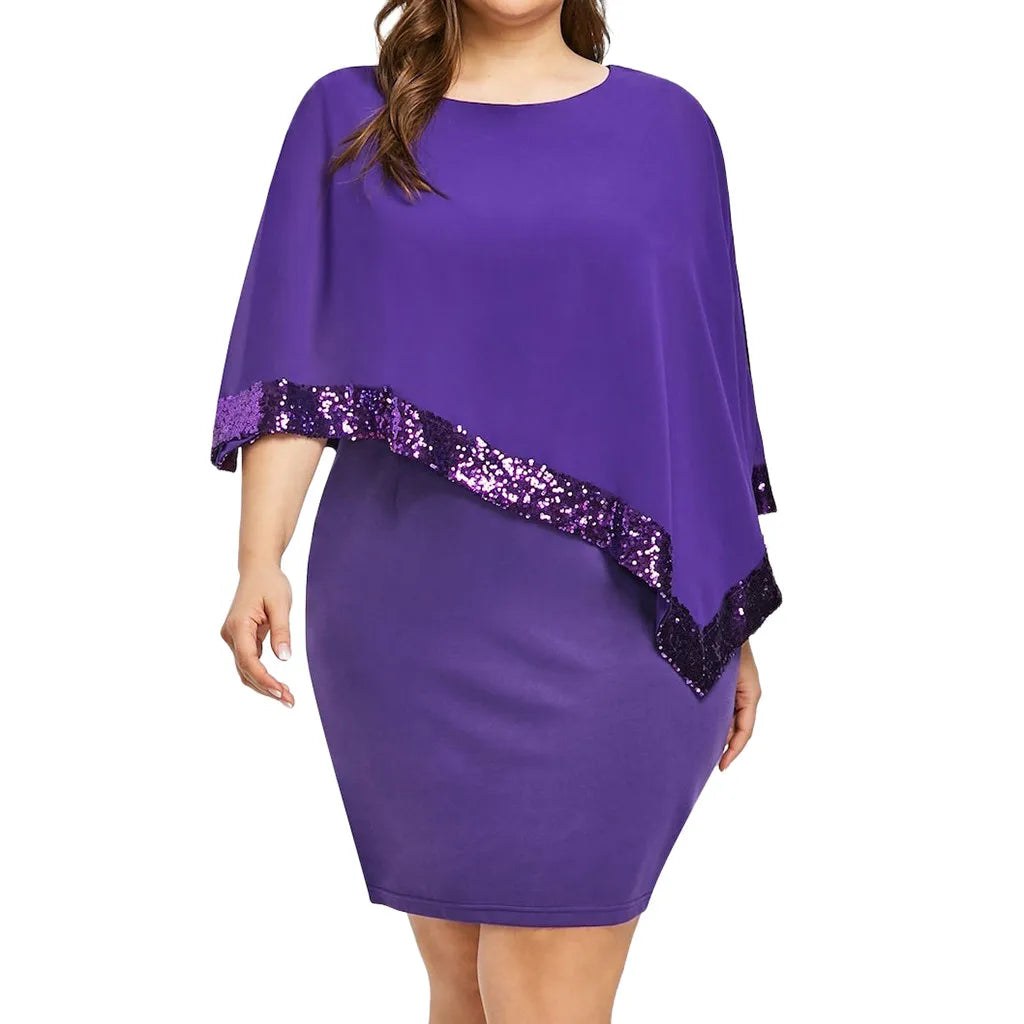 Carolina Plus Size Sexy Cold Shoulder Overlay Asymmetric Chiffon Strapless Sequins Dress