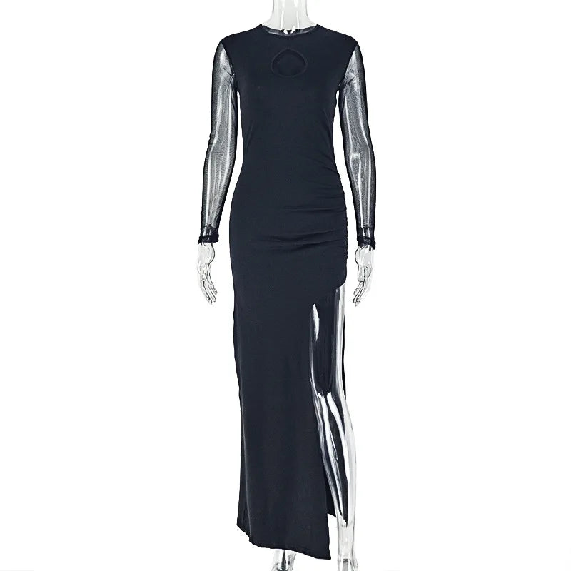 East New York Hollow Out Round Neck Long Sleeve Side Split Casual Maxi Dress