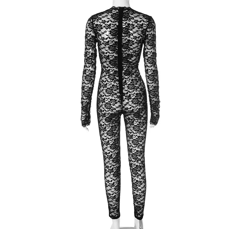 Trumbull Long Sleeve Black Lace Deep v Neck See Through Jumpsuit