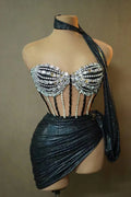 Glen Gardner Chiffon Tube Bandage Natural Sparkly Rhinestones Dress