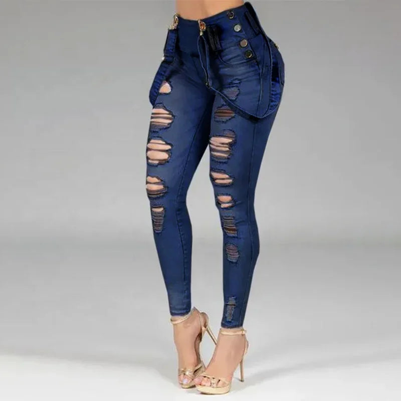 Lacey High Waisted Straight Skinny Stretchy Streetwear Ladies Hole Washed Bandage Denim