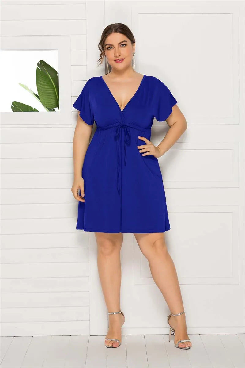 PLUS SIZE V Neck Sleeve Elastic Waist Frenulum Casual Loose Mini Dress