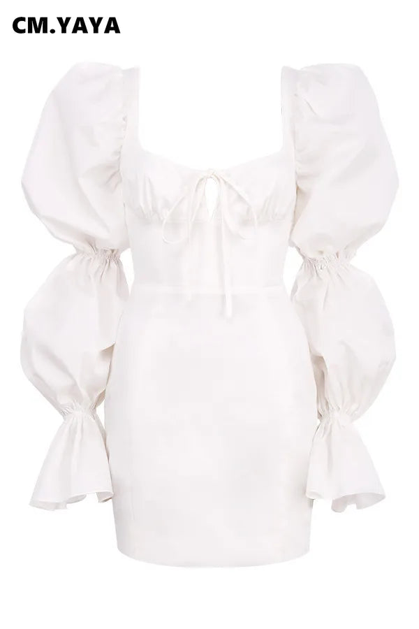 Bayonne Solid Full Puff Sleeve Square Collar Bandage Stretchy Bodycon Dresses