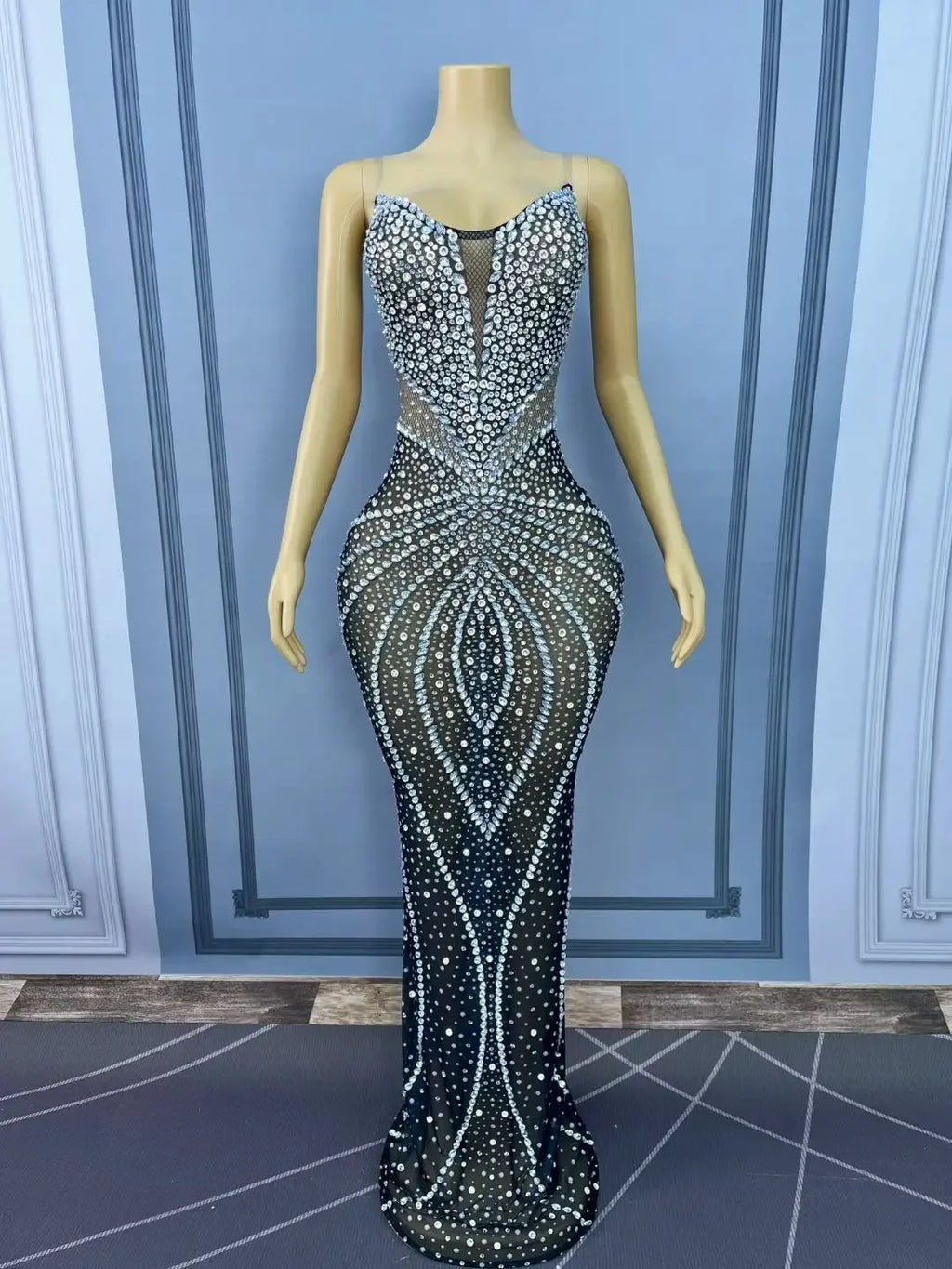Allamuchy  Elegant Floor Length Bodycon Off-The-Shoulder Crystal Illusion Dress