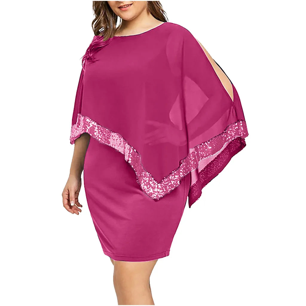 Carolina Plus Size Sexy Cold Shoulder Overlay Asymmetric Chiffon Strapless Sequins Dress