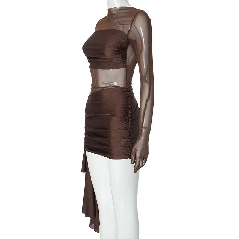 Hadley Mesh Stretch Casual Dress With Ruched Round Neck