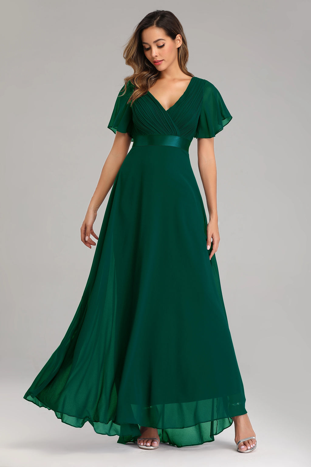 Kerney Elegant V Neck Ruffles Chiffon Formal Evening Gown Dress