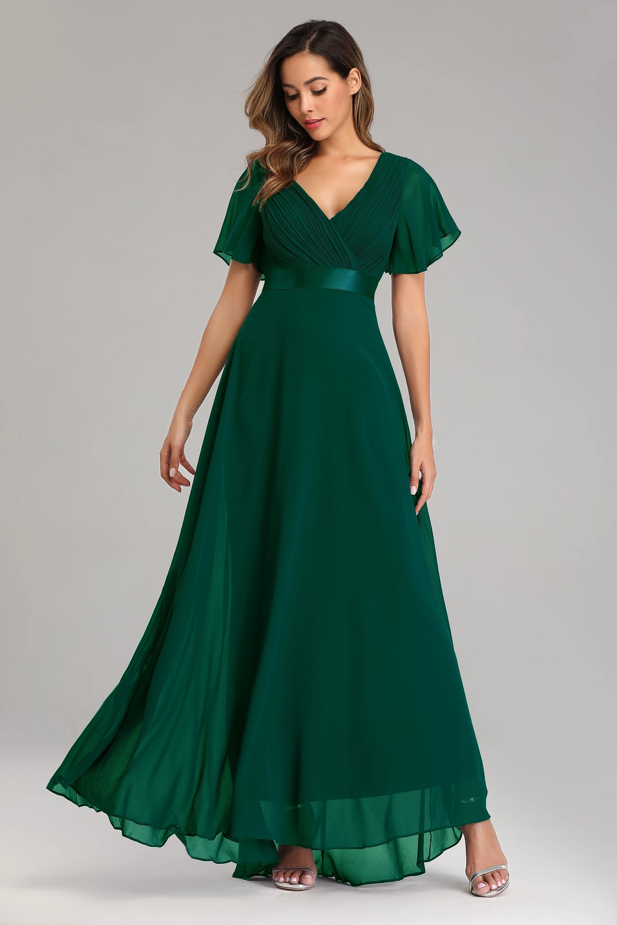 Kerney Elegant V Neck Ruffles Chiffon Formal Evening Gown Dress