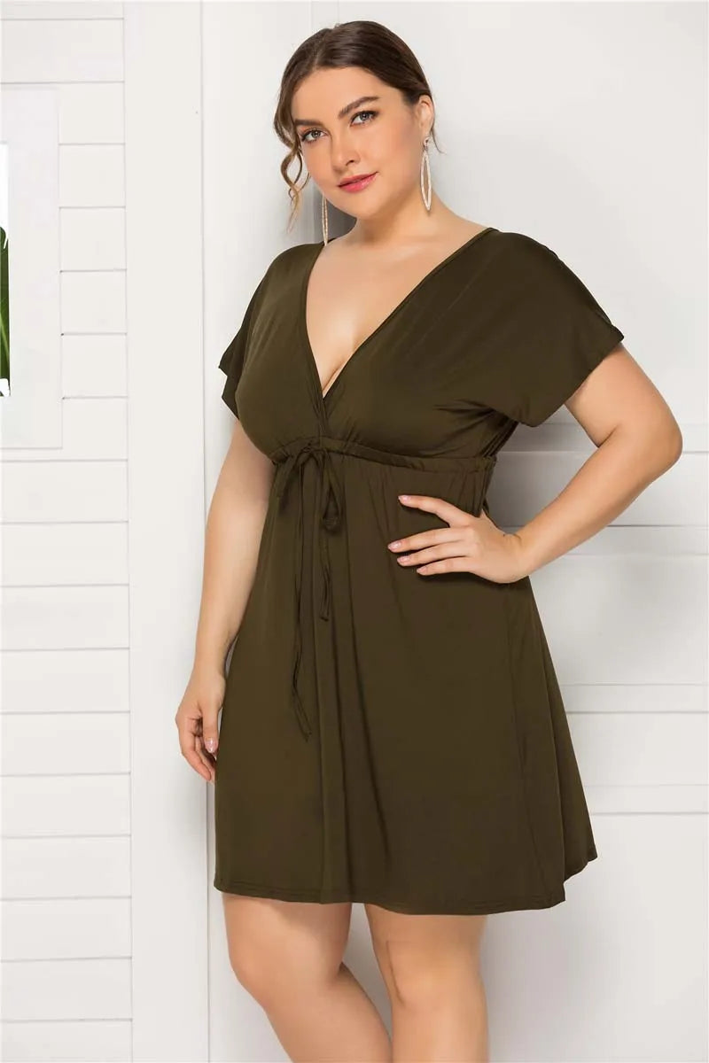 PLUS SIZE V Neck Sleeve Elastic Waist Frenulum Casual Loose Mini Dress