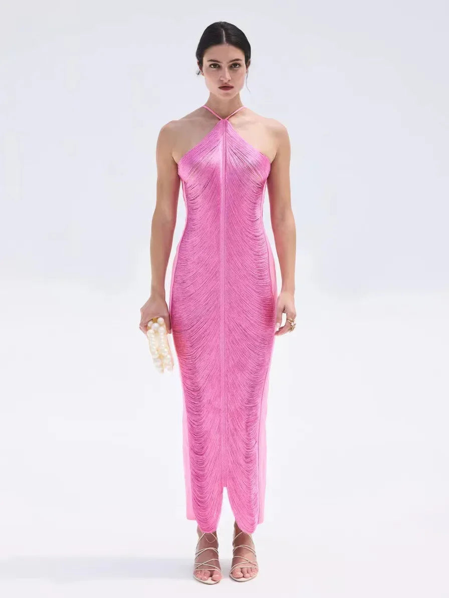 Titusville Fashion Elegant Tassel Back Split Hanging Neck Patchwork Dress