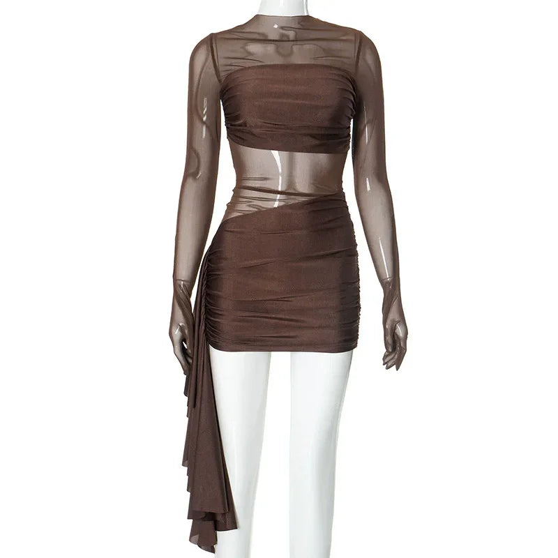 Hadley Mesh Stretch Casual Dress With Ruched Round Neck