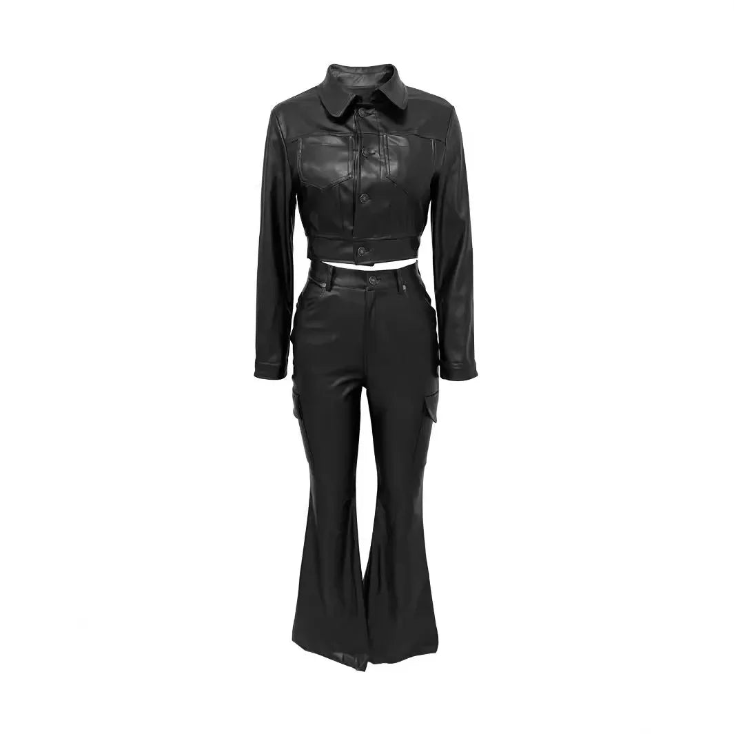 Buffalo Leather Suit Crop Slim-Fit Leather Casual Tracksuit Two Piece Set