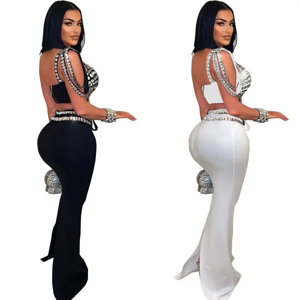 Tunkhannock Suspender Short Hot Sequined Rhinestone Two Piece Sets