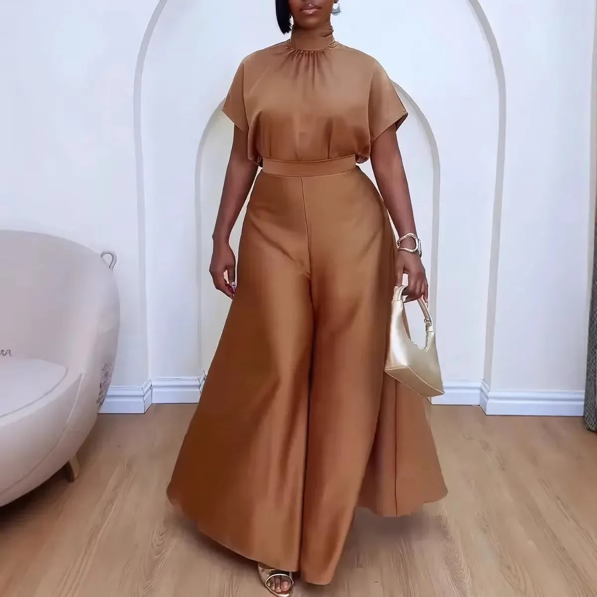 Pontiac Yellow Satin Elegant Temperament Loose High Neck Two Piece Set