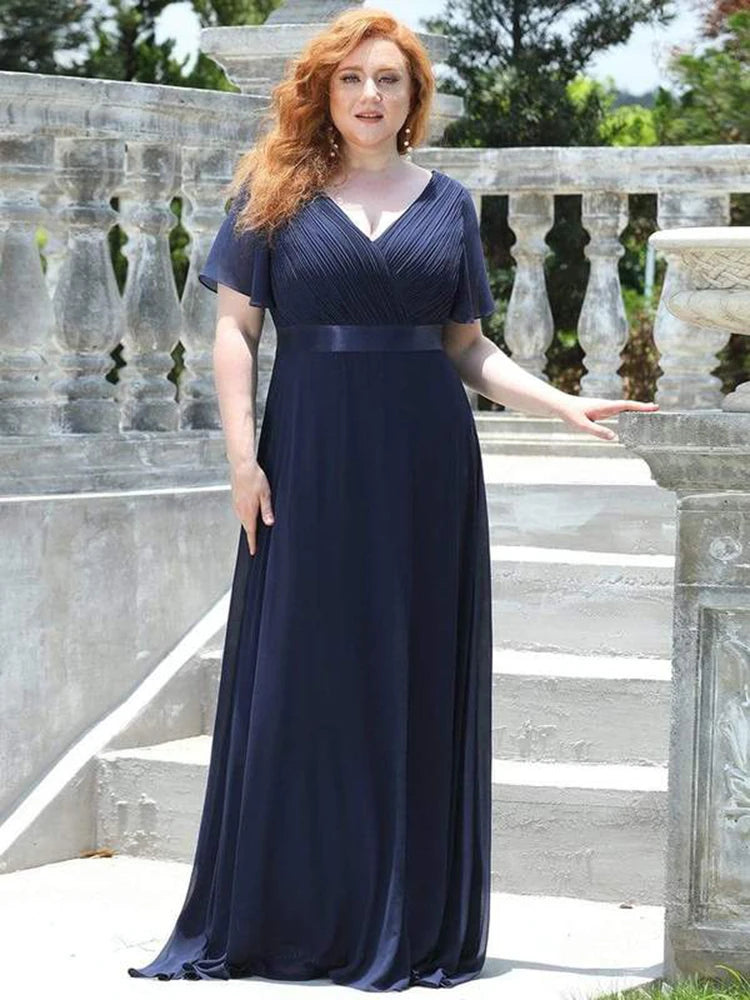 Detroit Plus Size Evening Long Elegant A Line V Neck Ruffles Chiffon Formal Dress