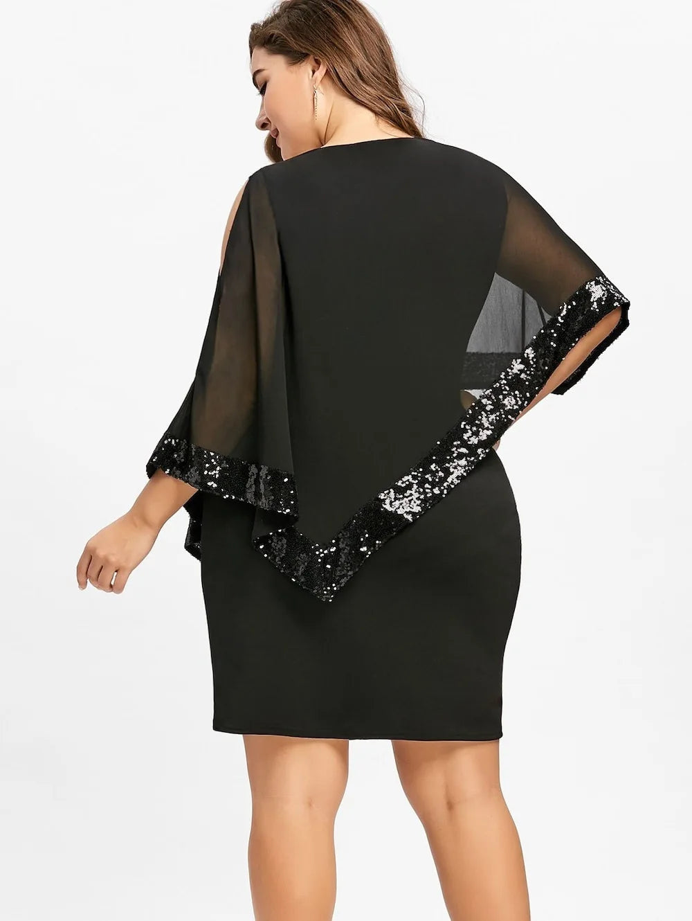Carolina Plus Size Sexy Cold Shoulder Overlay Asymmetric Chiffon Strapless Sequins Dress