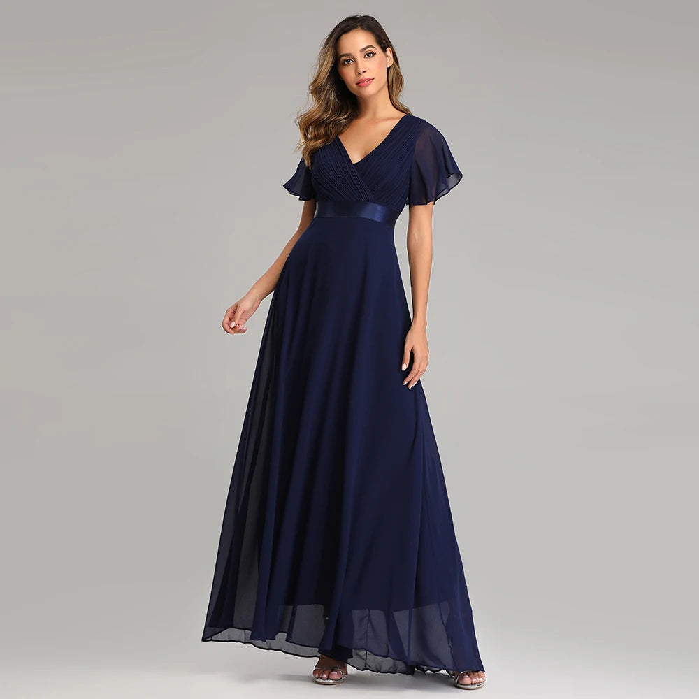 Kerney Elegant V Neck Ruffles Chiffon Formal Evening Gown Dress